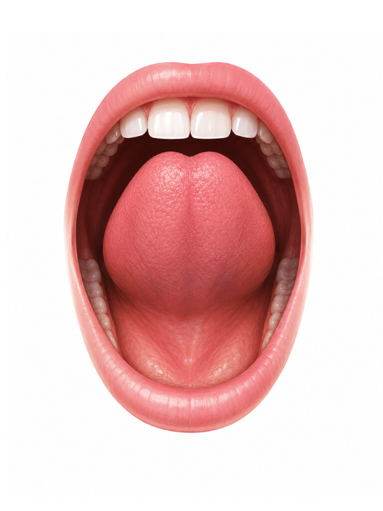 Anatomical illustration of a released tongue, with full mobility