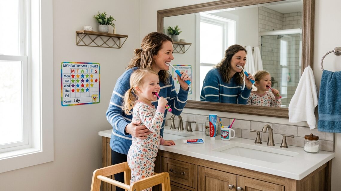 Mother and young child brushing their teeth together in a bright bathroom using a toothbrushing reward chart for kids.