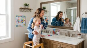 Mother and young child brushing their teeth together in a bright bathroom using a toothbrushing reward chart for kids.