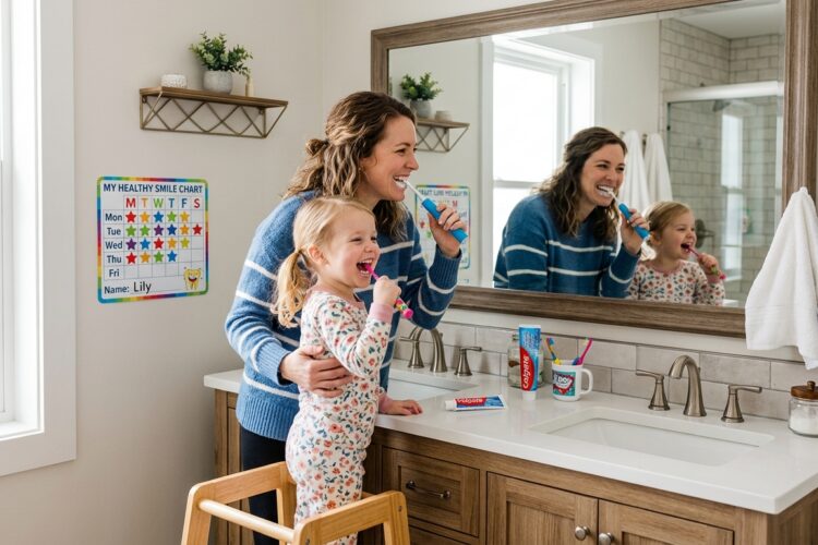 Mother and young child brushing their teeth together in a bright bathroom using a toothbrushing reward chart for kids.