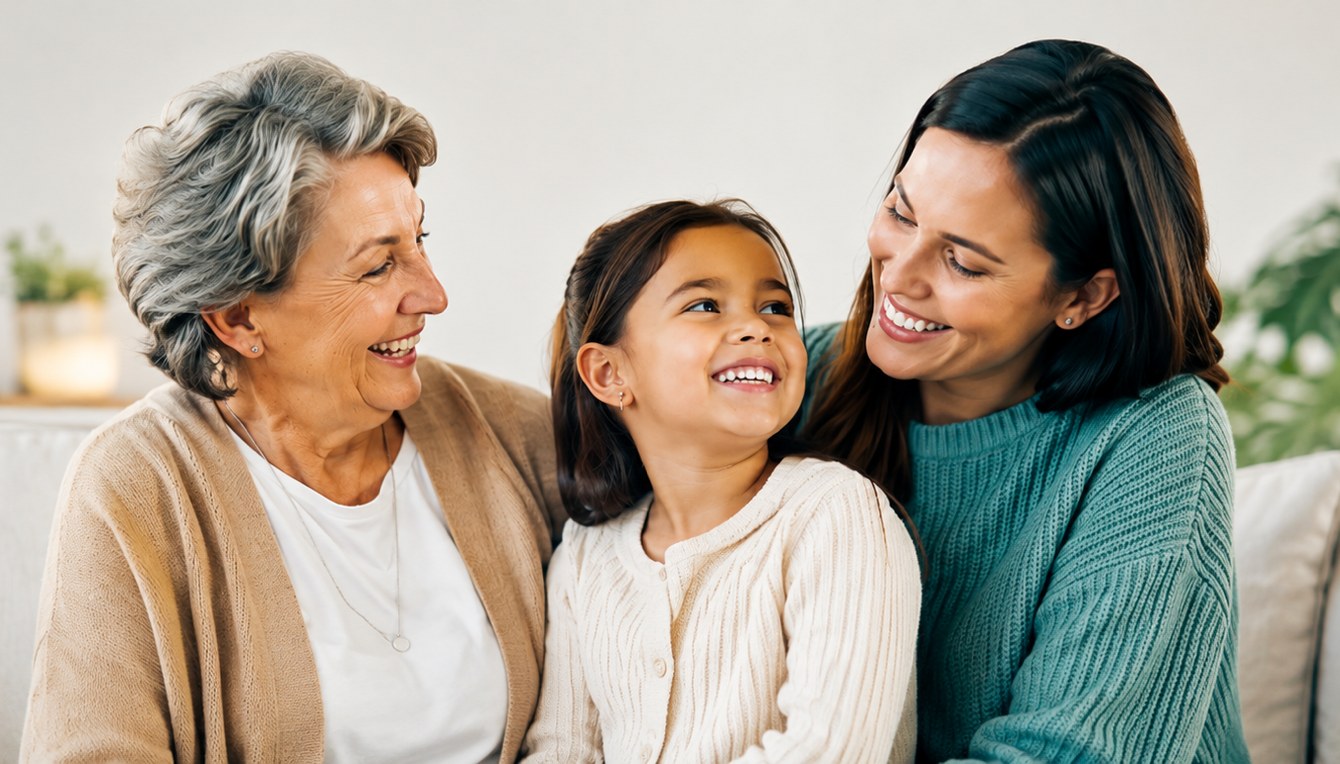 Three generations of a Guelph family smiling together, a grandmother, mother and young daughter