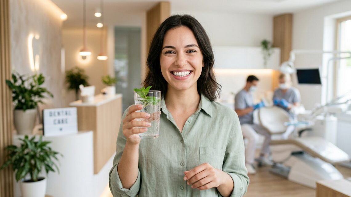 A smiling woman with a healthy, white smile holding a glass of fresh mint water in a modern dental clinic setting.
