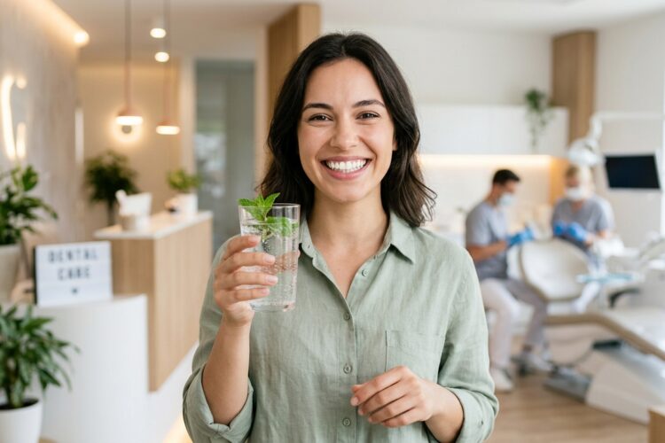 A smiling woman with a healthy, white smile holding a glass of fresh mint water in a modern dental clinic setting.