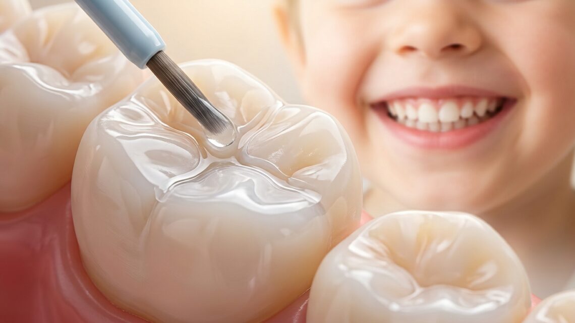 Close-up of a dental sealant resin being applied with a fine applicator brush into the deep grooves of a molar tooth, with a smiling child blurred in the background.