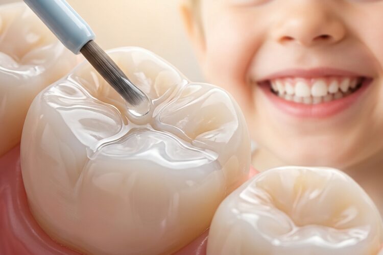Close-up of a dental sealant resin being applied with a fine applicator brush into the deep grooves of a molar tooth, with a smiling child blurred in the background.