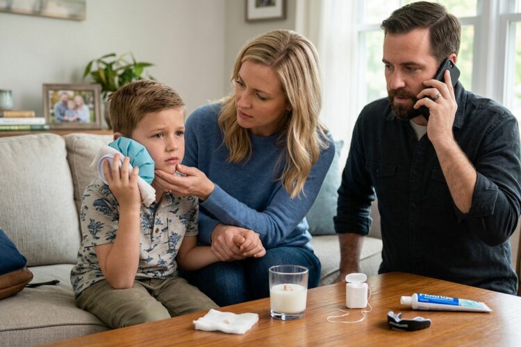A mother soothing a child holding a cold compress to his cheek while a father makes an urgent phone call to a Guelph emergency dentist.