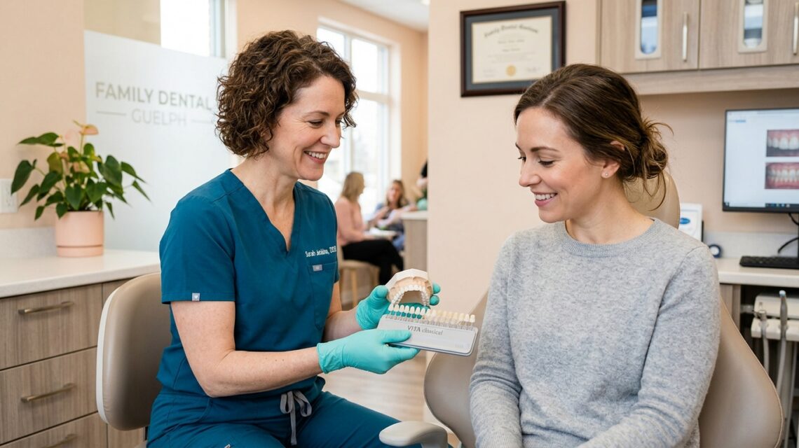 A friendly dentist in Guelph explaining composite bonding versus porcelain veneers to a patient using a dental tooth model in a modern clinic.