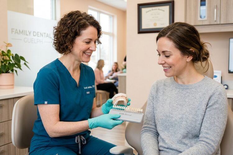 A friendly dentist in Guelph explaining composite bonding versus porcelain veneers to a patient using a dental tooth model in a modern clinic.